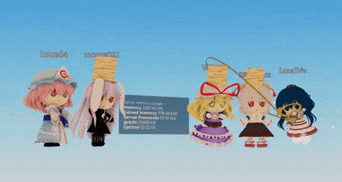 a group of anime characters are standing next to each other and one of them has a stack of potato chips on her head