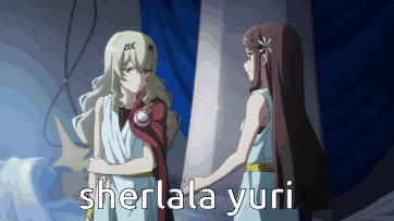 two anime girls standing next to each other with the words sherlala yuri on the bottom