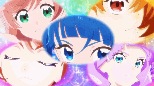 a group of anime girls with different colored hair and eyes
