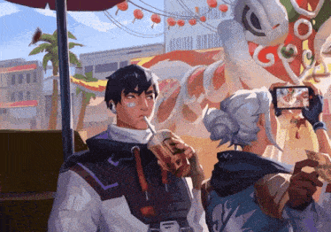 a painting of a man drinking a drink while a woman takes a picture