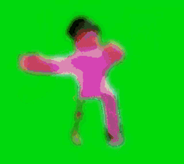 a cartoon character in a pink shirt is dancing on a green background .