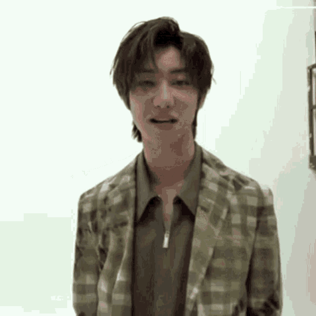 a young man wearing a green plaid jacket and a green shirt is standing in front of a white wall .