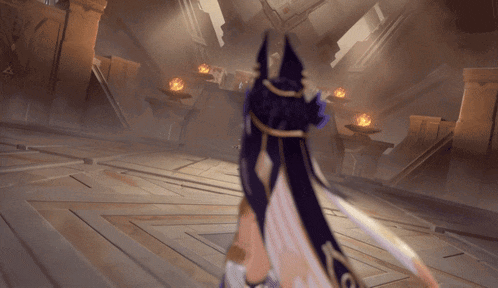 a video game character is standing in a room with candles