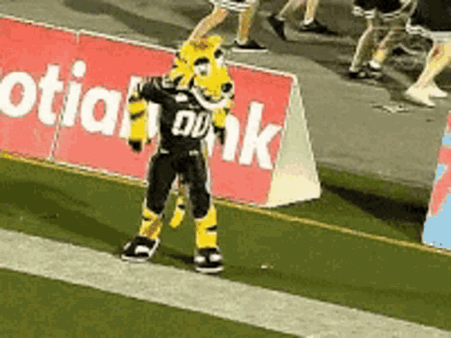 a tiger mascot stands on a football field in front of a sign that says otion bank