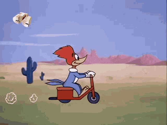 woody woodpecker is riding a scooter in the desert with cactus in the background .