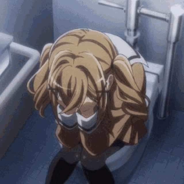 a girl with pigtails is sitting on a toilet
