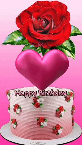 a happy birthday cake with a red rose and a pink heart on top