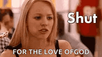 a woman is saying `` shut for the love of god '' while holding a piece of pizza .