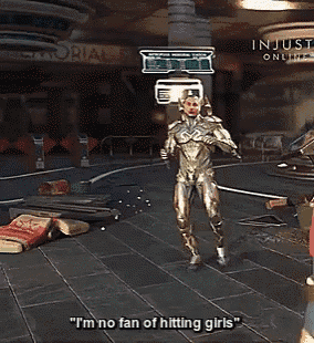 a video game character says " i 'm no fan of hitting girls " while standing on a tiled floor