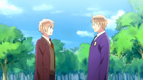 two anime characters standing next to each other in a forest