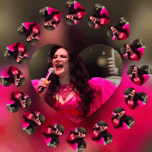 a woman in a pink dress singing into a microphone in a heart shaped frame