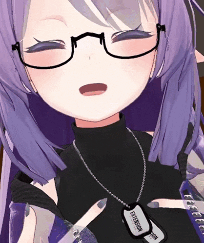 a close up of a girl wearing glasses and a tag that says extension