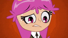a cartoon girl with pink hair and big eyes is making a sad face .