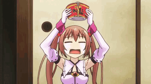 a cartoon girl is holding a can of food in her hands .