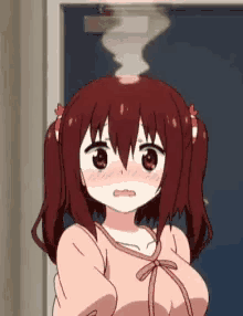 a girl with red hair and pigtails is standing in front of a door with a smoke coming out of her head .