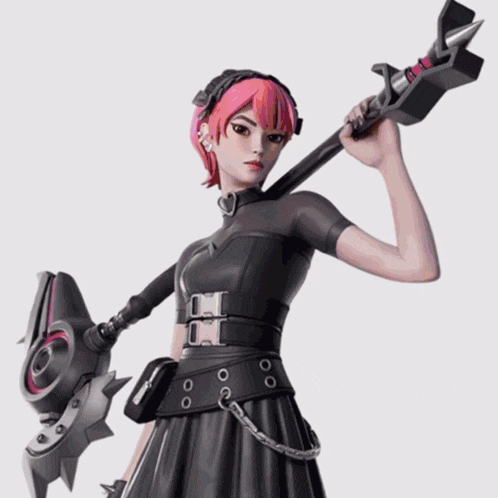 a woman with pink hair is holding a large sword