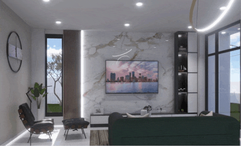 a living room with a green couch and a large flat screen tv
