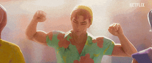 a man in a green shirt is flexing his muscles .