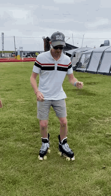 a man wearing roller skates is wearing a hat that says your radio