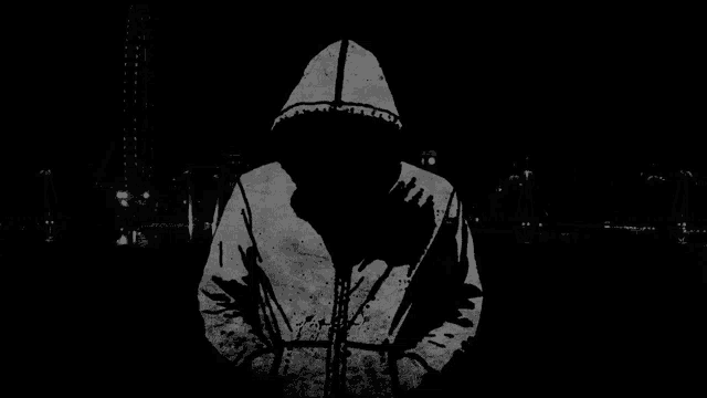 a black and white drawing of a person wearing a hooded jacket