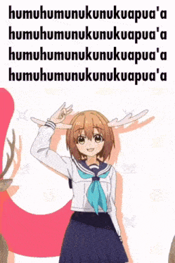 a girl in a school uniform with antlers is standing in front of a deer