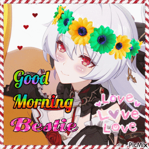 a picture of a girl with flowers on her head and the words good morning bestie