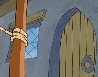 a cartoon of a woman in a green dress standing in front of a wooden door