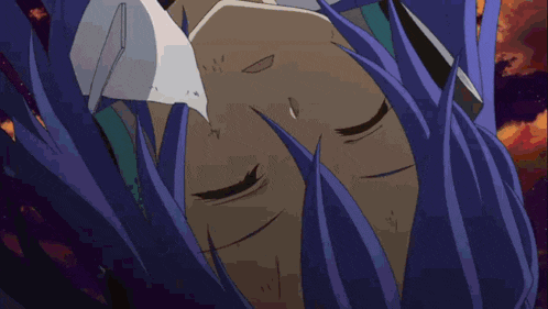 a close up of a person with blue hair laying down