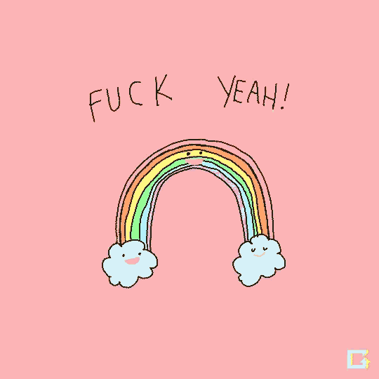 a pink background with a rainbow and the words " fuck yeah "