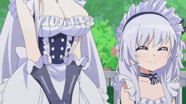 two anime girls are standing next to each other and one of them is smiling