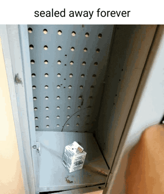 an empty locker with the words sealed away forever on the top
