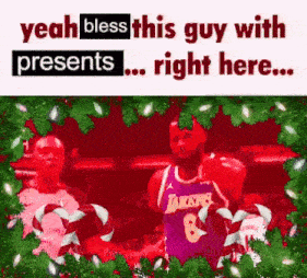 a man in a lakers jersey is holding candy canes in front of a christmas tree .