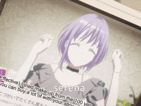 a picture of a girl with purple hair and the word serena at the bottom