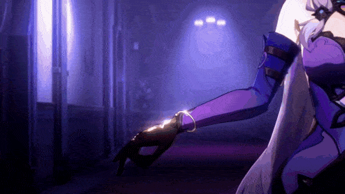 a woman in a purple dress and gloves is standing in a room .