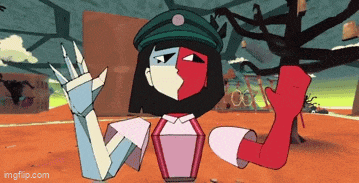 a cartoon character is waving at the camera while wearing a green hat and a pink dress .