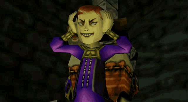 a video game character is holding his head while carrying a large bag