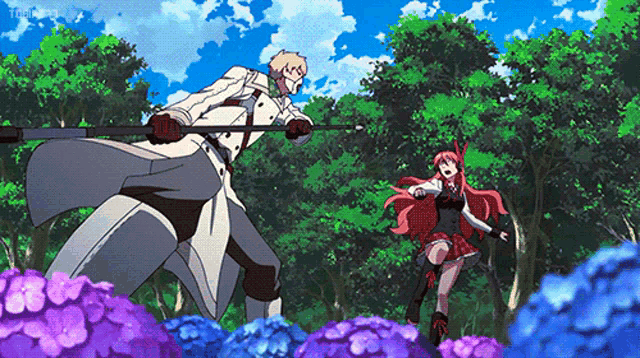 a man and a woman are fighting in a forest with purple flowers in the background