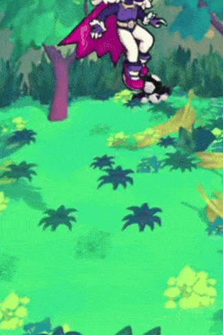 a cartoon character with a purple cape is standing in a green field