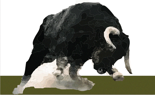 a black and white drawing of a bull laying down