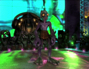 a purple alien with glowing eyes is standing in a green room