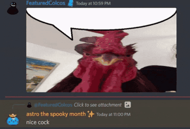 a picture of a rooster with a speech bubble that says featuredcolcos today at 10:59 pm