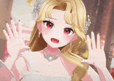 a girl with blonde hair and red eyes is wearing a white dress and silver necklace