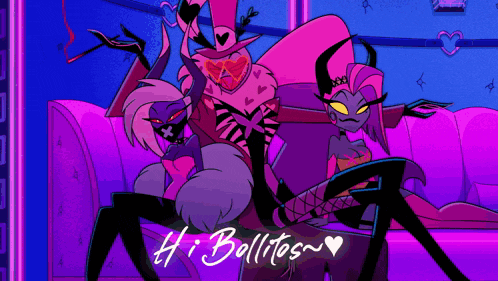 a group of cartoon characters are sitting on a couch with the words hi ballitos written on the bottom