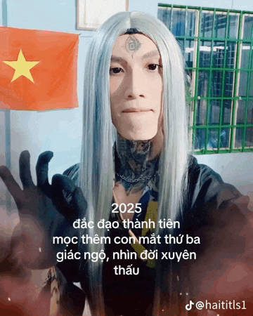 a man with long white hair is standing in front of a flag with the year 2025 written on it