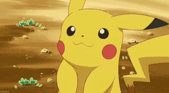 a pikachu is sitting in the dirt and looking at the camera