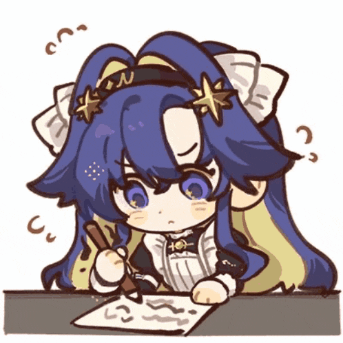 a cartoon drawing of a girl with long blue hair holding a pen