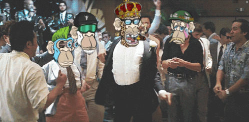 a man in a tuxedo with a crown on his head is surrounded by monkeys