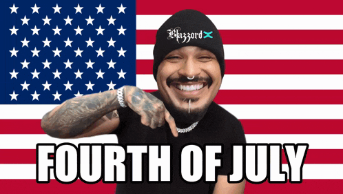 a man in front of an american flag with the words fourth of july on it