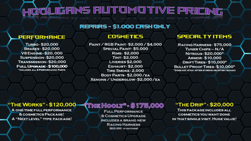 an advertisement for hooligans automotive pricing shows a variety of items