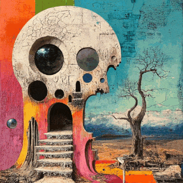 a colorful painting of a skull with stairs leading up to it and a tree in the background